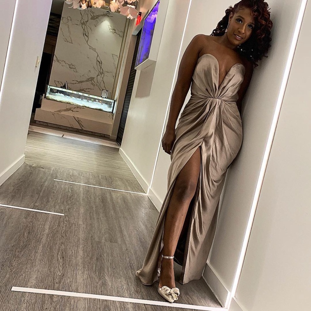 HOUSE OF CB 'SIGOURNEY' MINK SATIN DRAPED FRONT MAXI DRESS